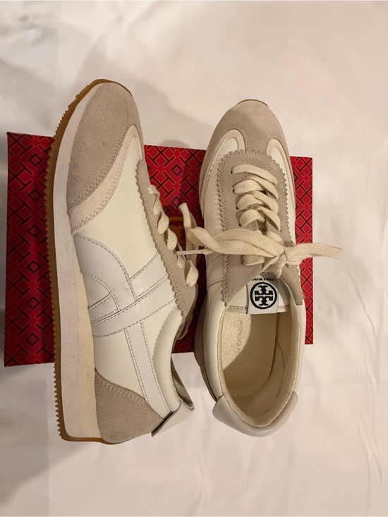 Tory Burch Shoes - Tory Burch Cream & Beige Leather Suede Low-Top Sneakers